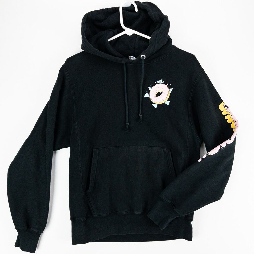 Champion Reverse Weave Hoodie Men’s Small Fresh Donuts Graphic Black Pullover